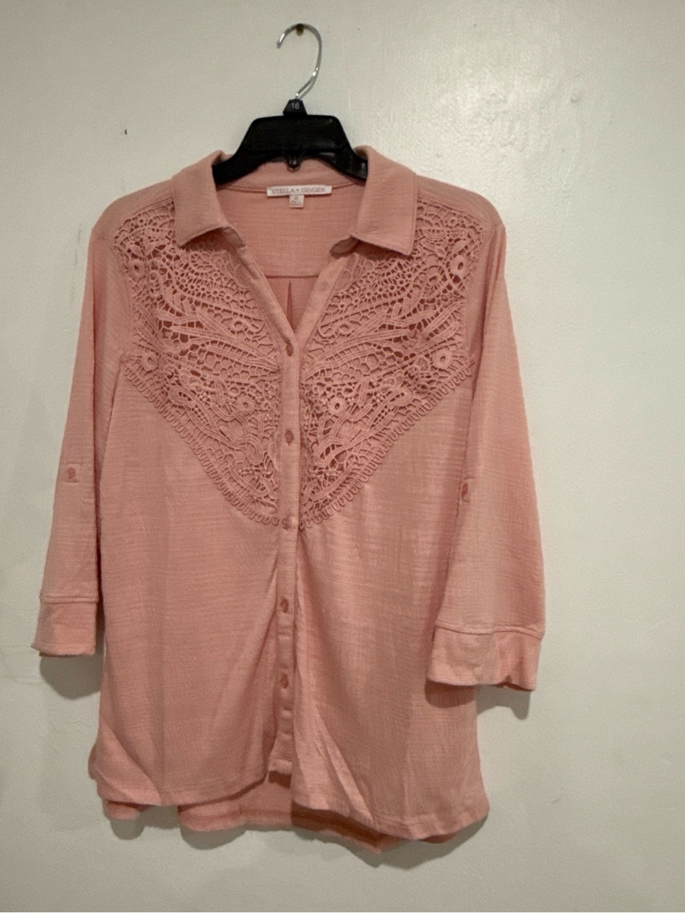 Women's Button-Front Crochet Yoke Shirt - Dusty Rose